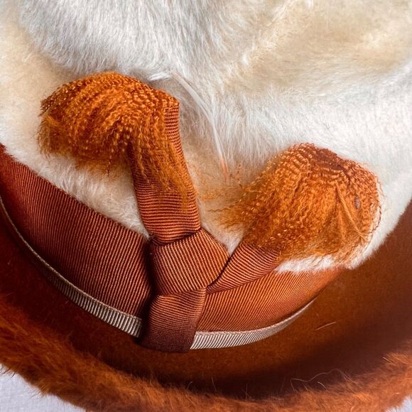 Vintage 60s 2 Tone White Rust Brown Breton Pinched Crown Fedora Hat Mod Bellini - Picture 8 of 14